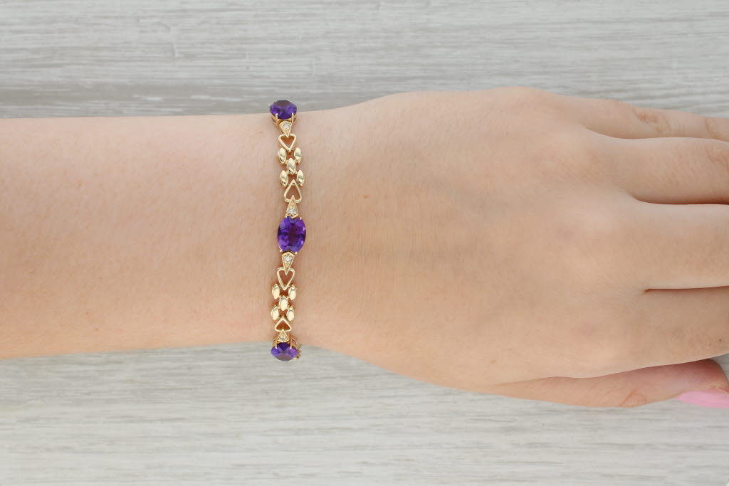 Tan Amethyst 0.14ctw Diamond Bracelet 14k Yellow Gold 6.75" 7.1mm