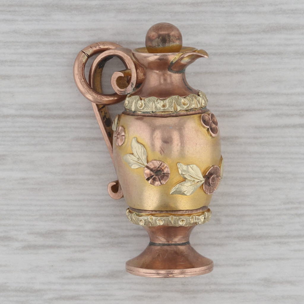 Dark Gray Antique Floral Pitcher Charm 12k Rose Yellow Green Gold 1800s Figurine Pendant