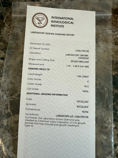 1.55ct IGI Lab Grown Round Diamond Solitaire Engagement Ring 14k White Gold Sz 9