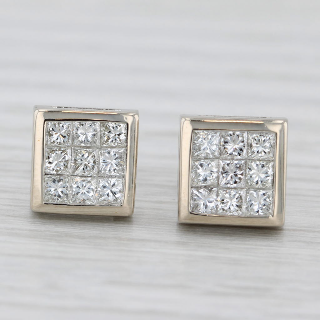 Light Gray 1ctw Princess Diamond Stud Earrings 18k White Gold