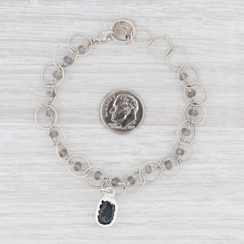 New Nina Wynn Charm Bracelet Druzy Geode Quartz Labradorite Bead Sterling 7.5"