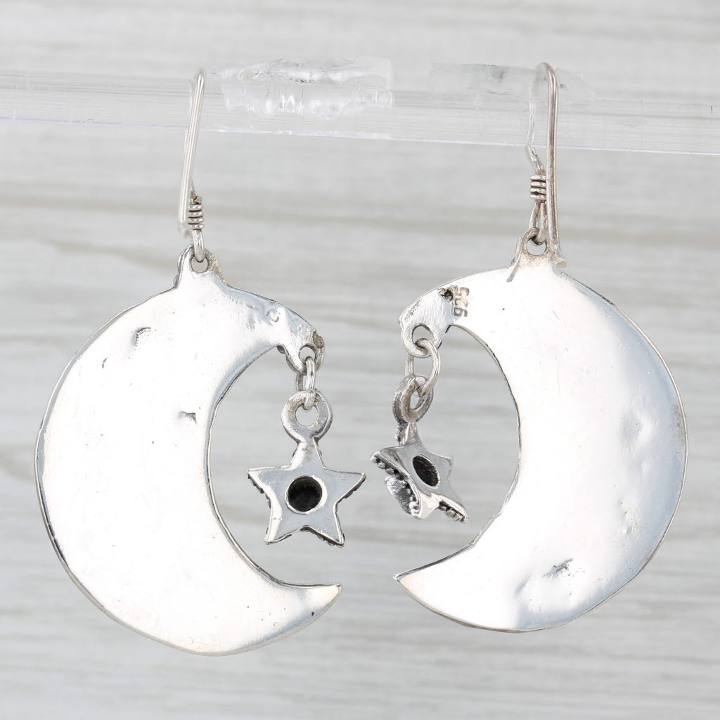 Light Gray Onyx Crescent Moon Stars Dangle Earrings Sterling Silver Hook Posts Statement