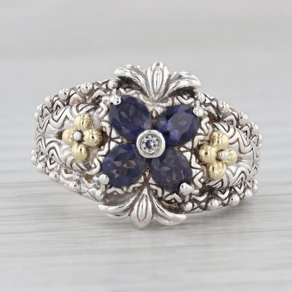 Light Gray Bixby 1.17ctw Iolite Topaz Flower Ring Sterling Silver 18k Gold Sz 9 Statement