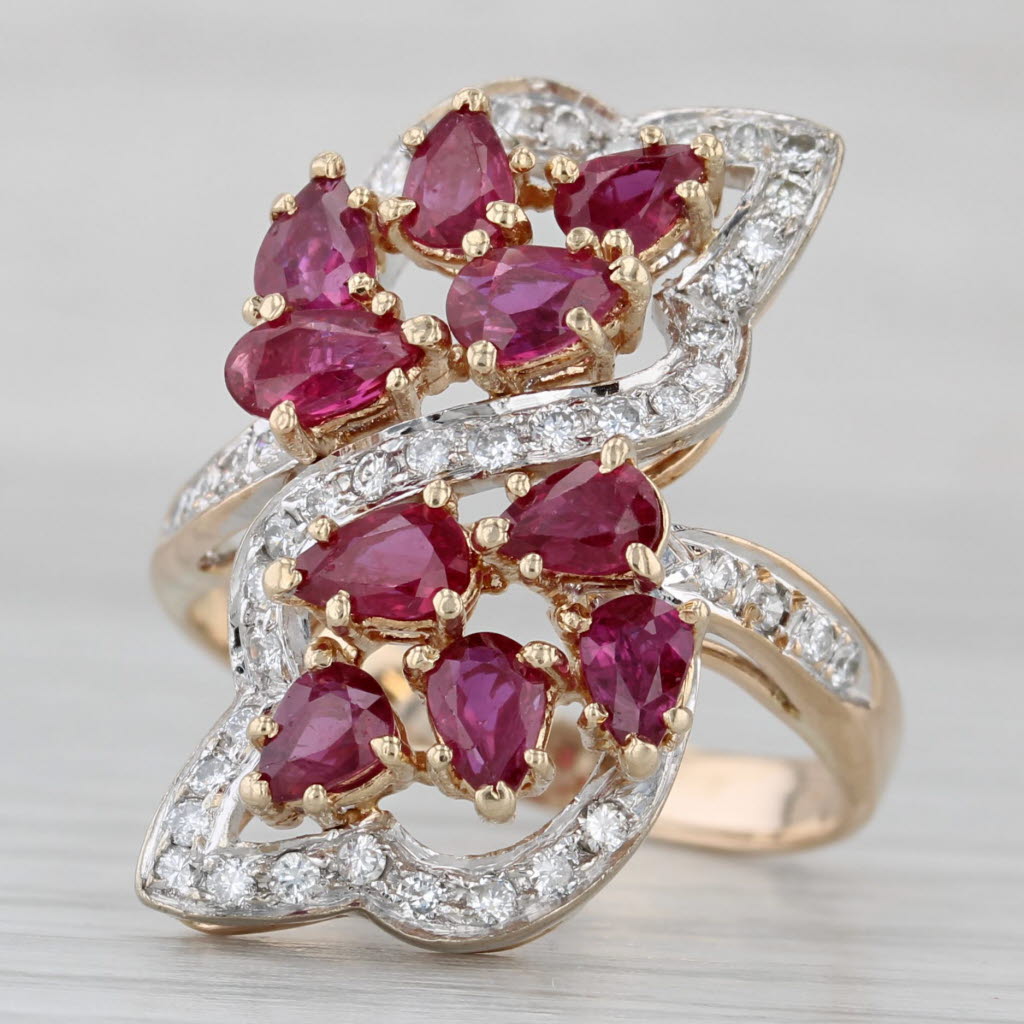 Gray 2.40ctw Ruby Cluster Diamond Bypass Ring 14k Yellow Gold Size 7.25 Cocktail