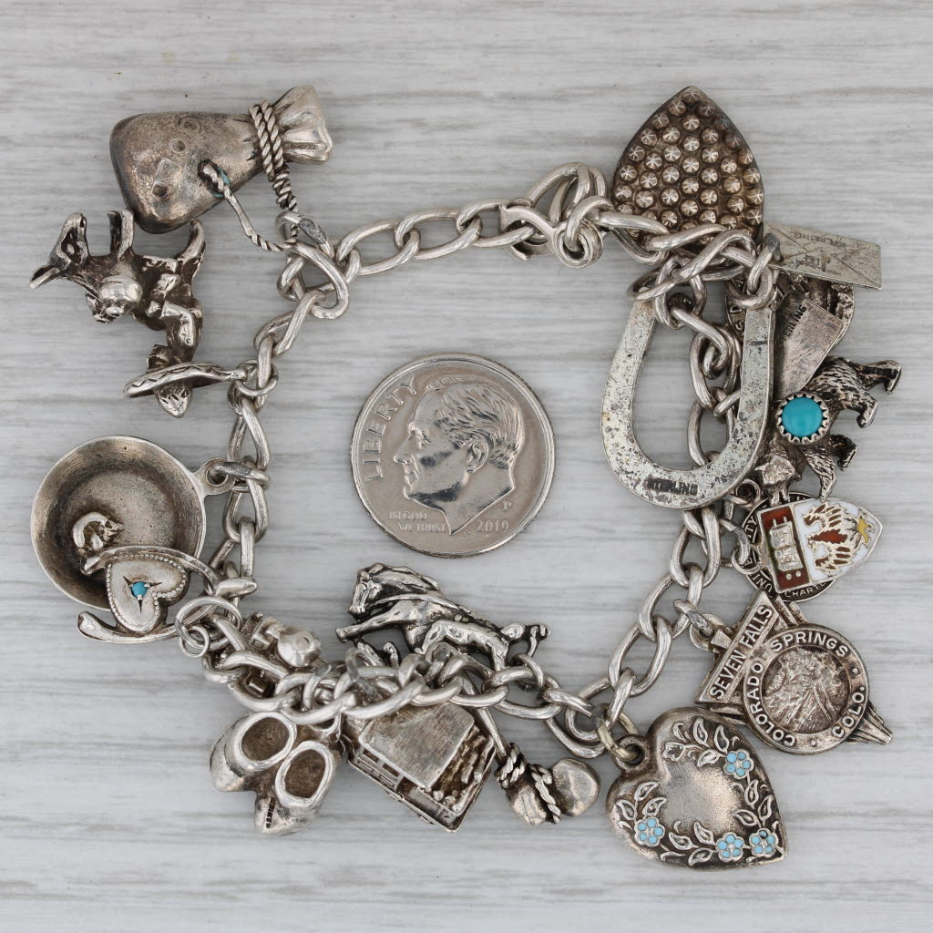 Dark Gray Vintage Mixed Theme Charm Bracelet Sterling Silver 7.25" Train Hearts Travel