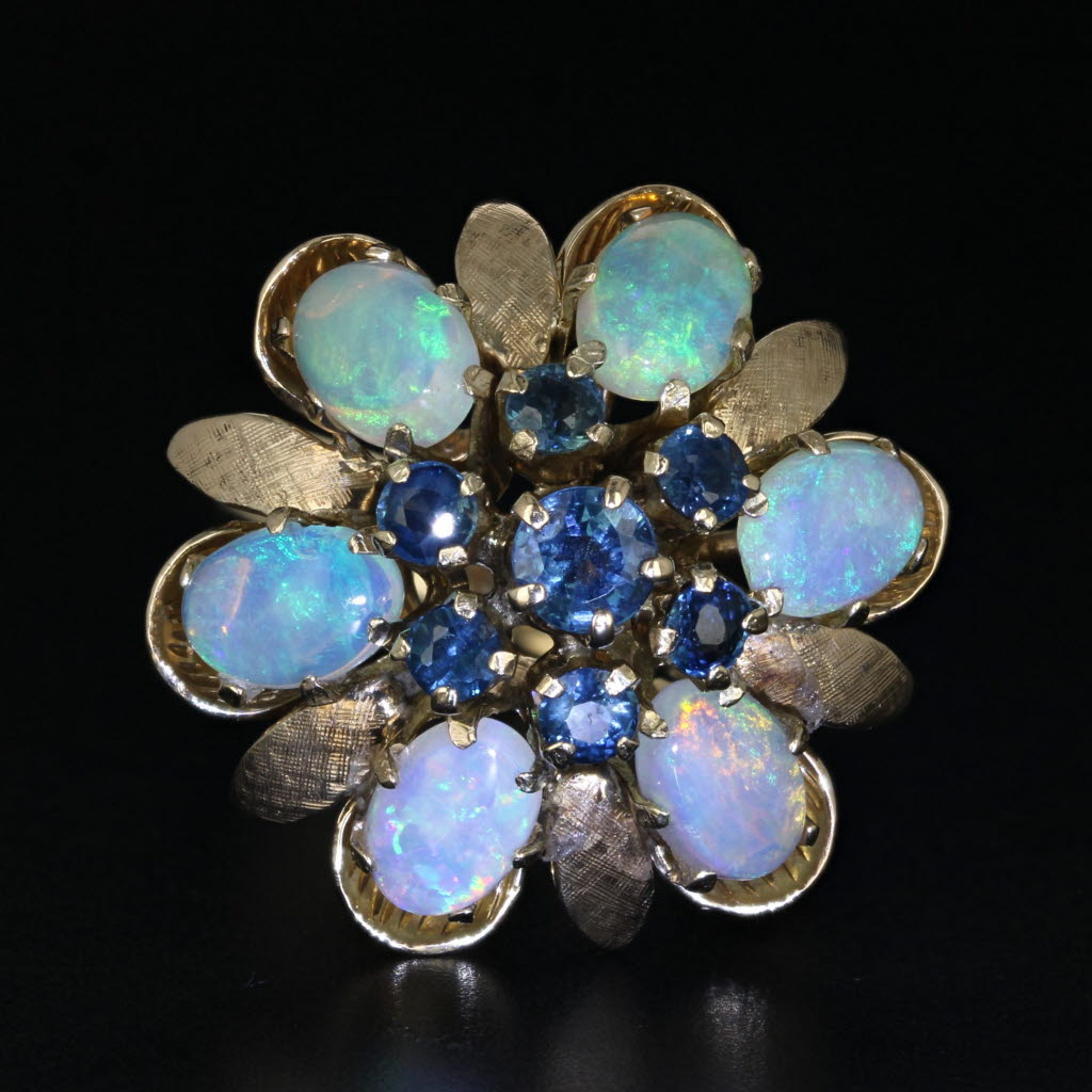 Black Vintage Opal Blue Sapphire Cluster Ring 14k Yellow Gold Size 5.75 Cocktail