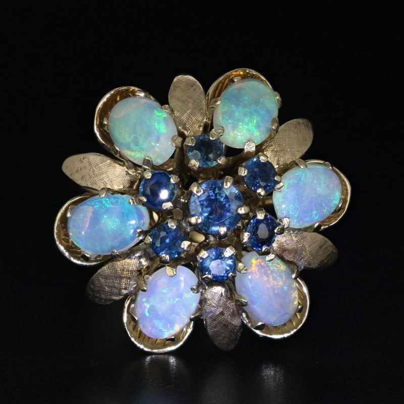 Vintage Opal Blue Sapphire Cluster Ring 14k Yellow Gold Size 5.75 Cocktail