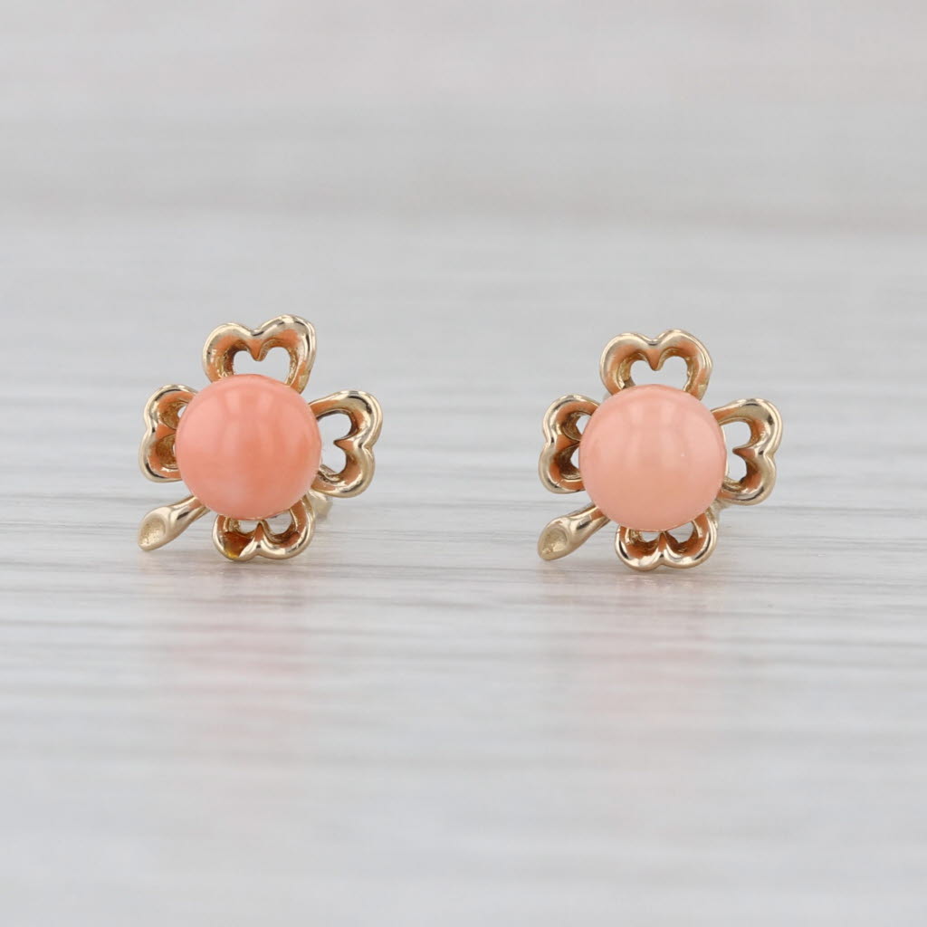 Vintage Coral Shamrock 4-Leaf Clover Stud Earrings 14k Yellow Gold Floral Studs