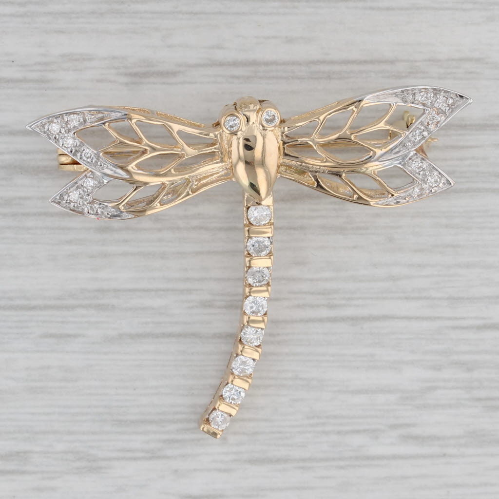 Gray 0.25ctw Diamond Dragonfly Brooch 18k Yellow Gold Statement Pin Insect Jewelry