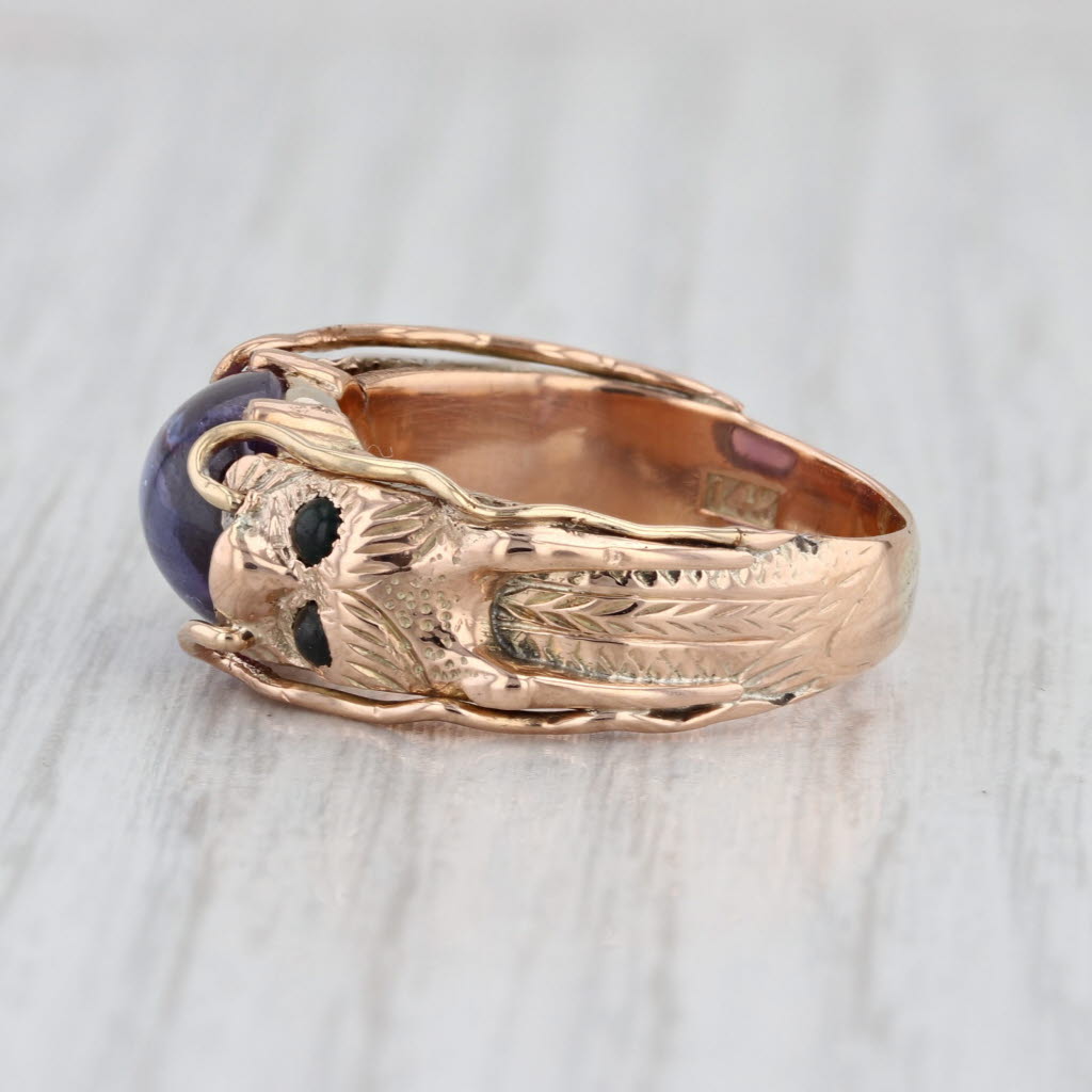 Vintage Dragon Ring 14k Gold Puprple Lab Created Sapphire Black Stone Size 8