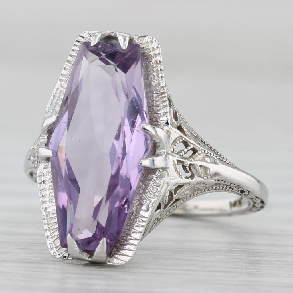 Light Gray Vintage Amethyst Solitaire Ring 14k White Gold Filigree Size 6.5