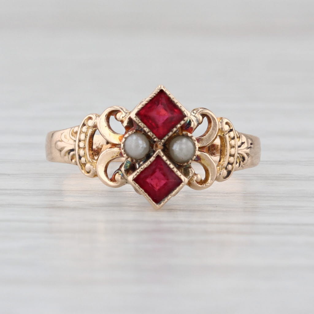 Victorian Antique Glass Imitation Pearl Ring 10k Yellow Gold Size 5.75