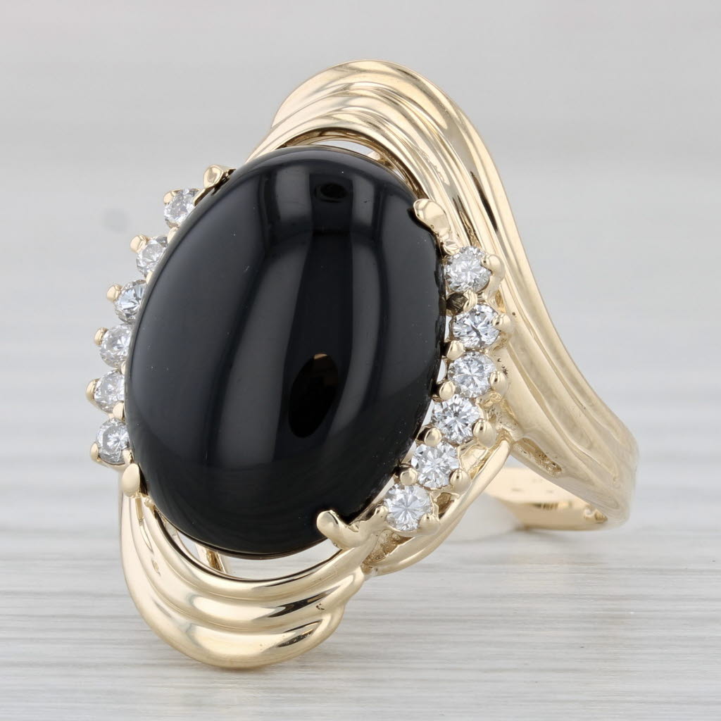 Light Gray Oval Onyx Cabochon 0.28ctw Diamond Ring 14k Yellow Gold Size 6.5