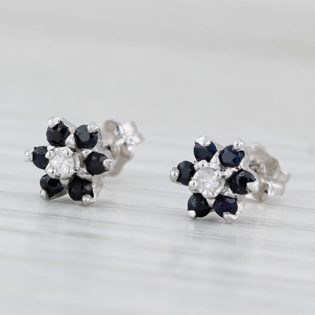 Light Gray 0.26ctw Blue Sapphire Diamond Buttercup Flower Stud Earrings 10k White Gold