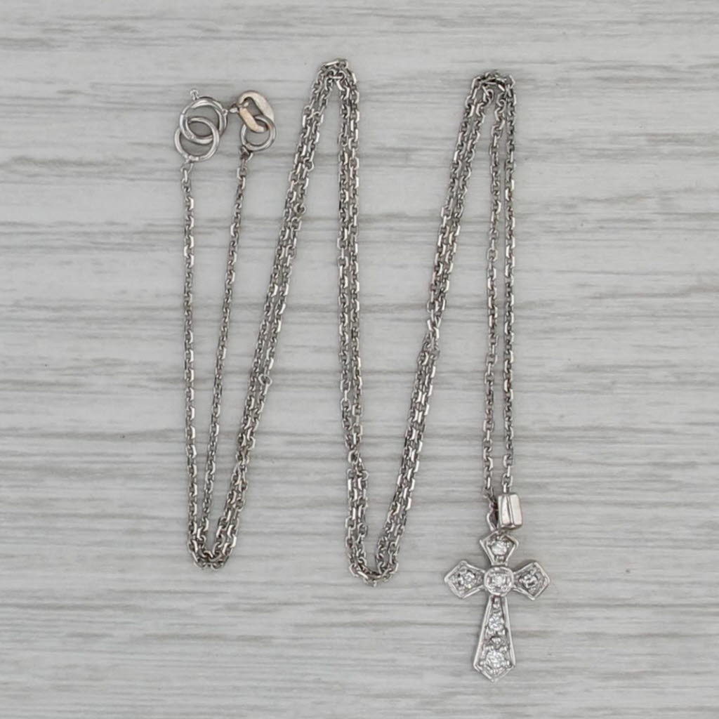 Small Diamond Cross Pendant Necklace 14k White Gold 18" Cable Chain