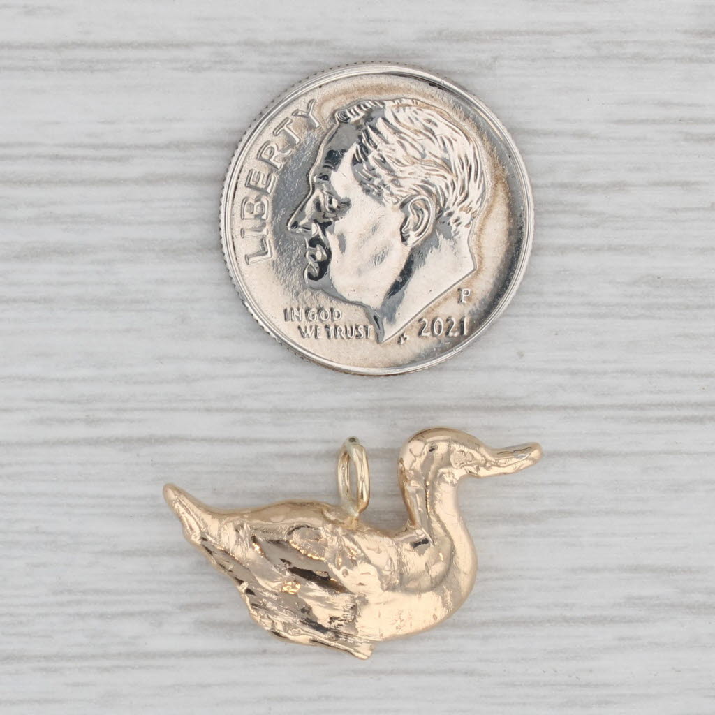 Gray Vintage Duck Charm 14k Yellow Gold 3D Figural Pendant