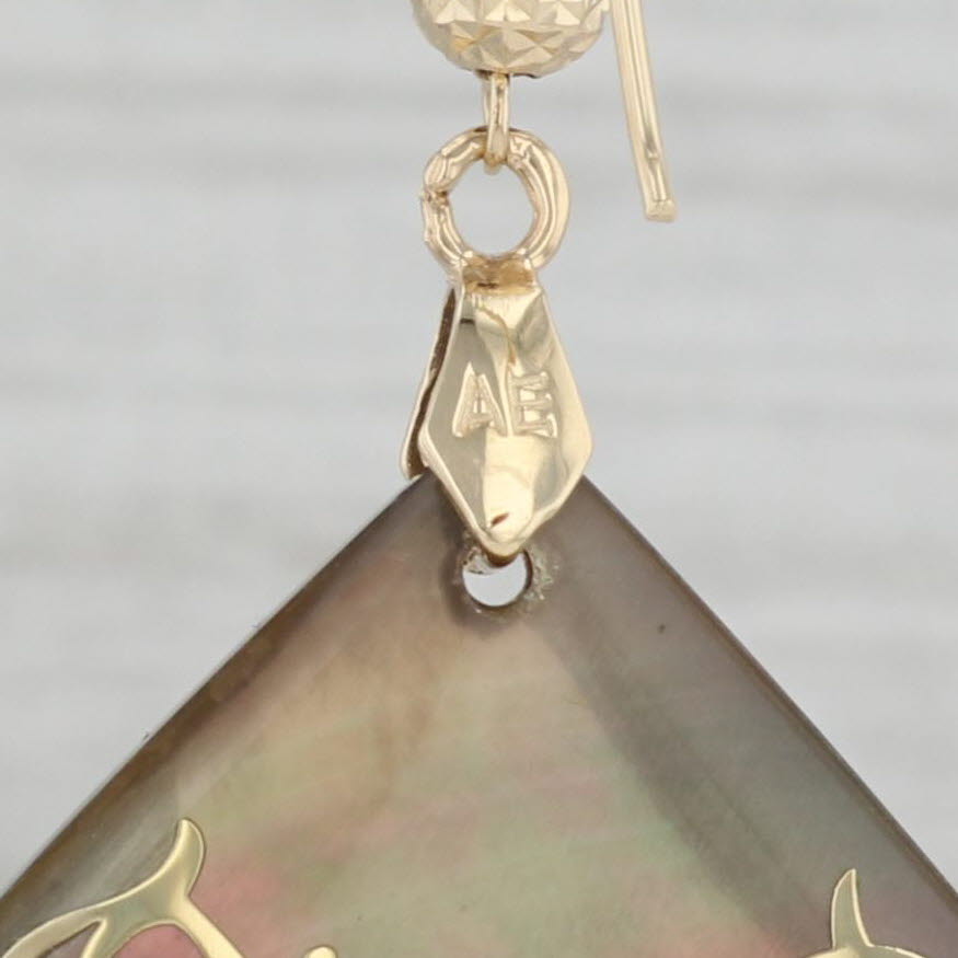 Gray Ornate Mother of Pearl Dangle Earrings 14k Yellow Gold Hook Posts