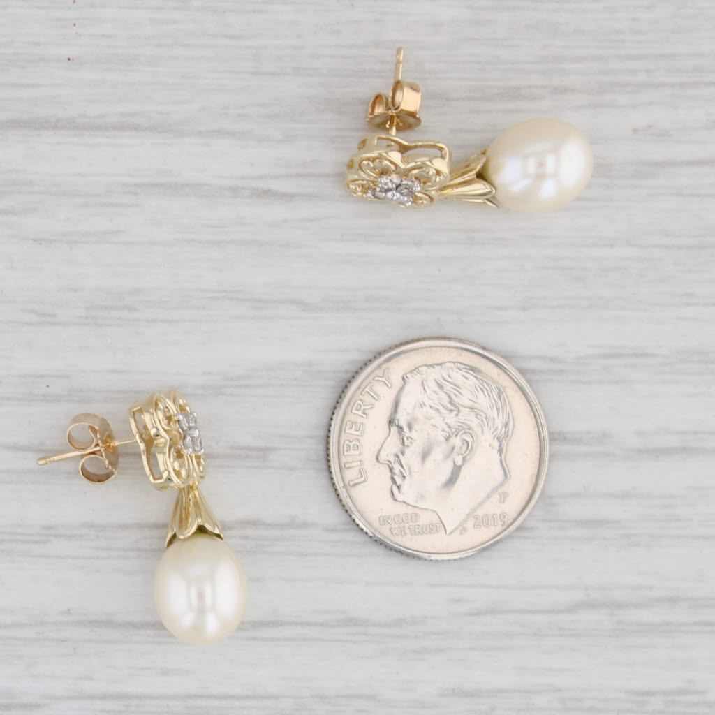 Light Gray Cultured Pearl Teardrop Diamond Flower Earrings 10k Yellow Gold Drops