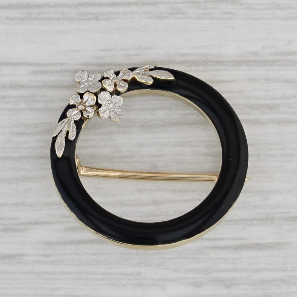 Gray Vintage Flower Circle Pin 14k Yellow Gold Black Enamel Krementz