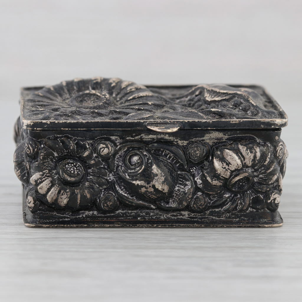 Dark Slate Gray Vintage Floral Repousse Shine Trinket Snuff Pill Box Sterling Silver Oxidized