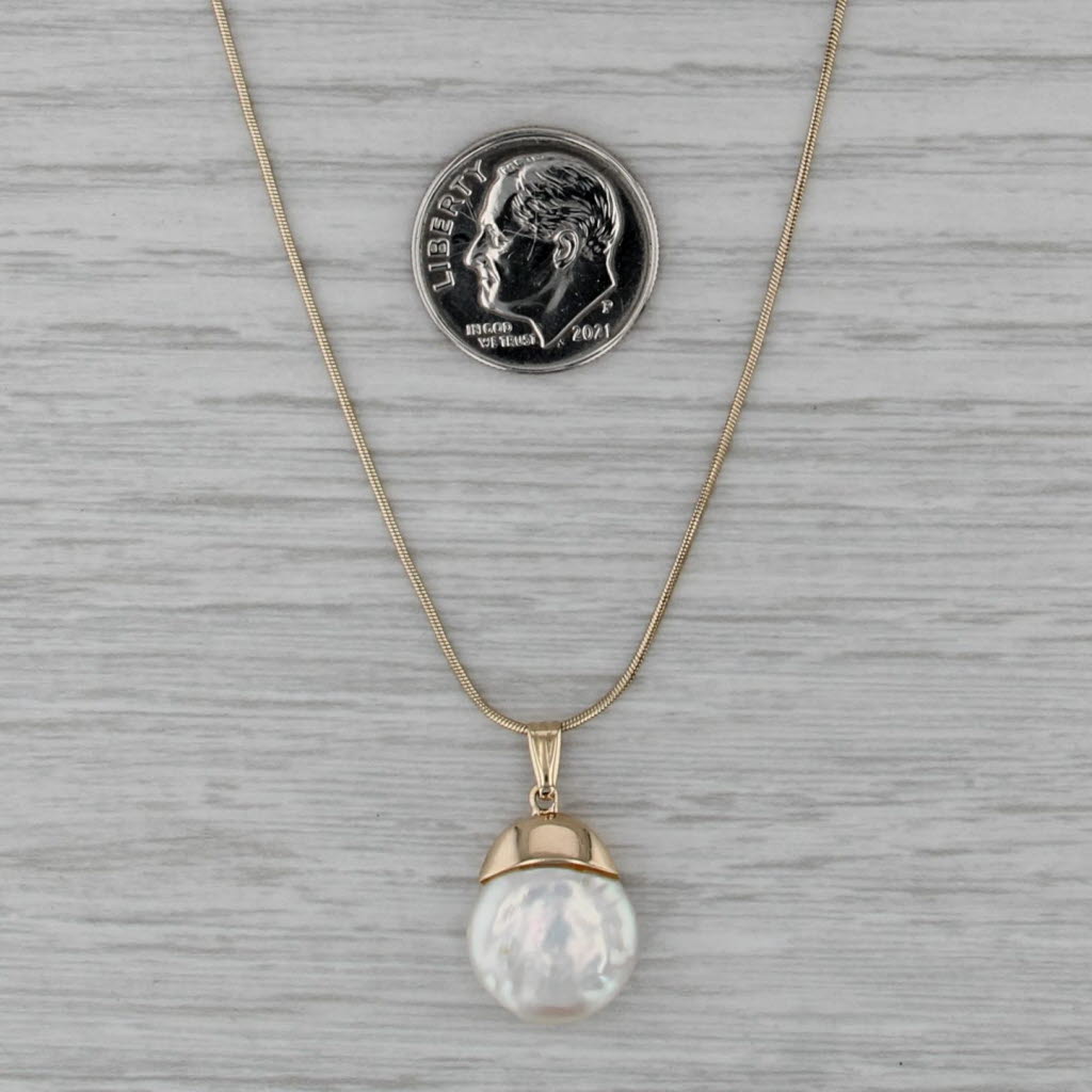 Cultured Coin Pearl Pendant Necklace 14k Yellow Gold 18.5" Snake Chain