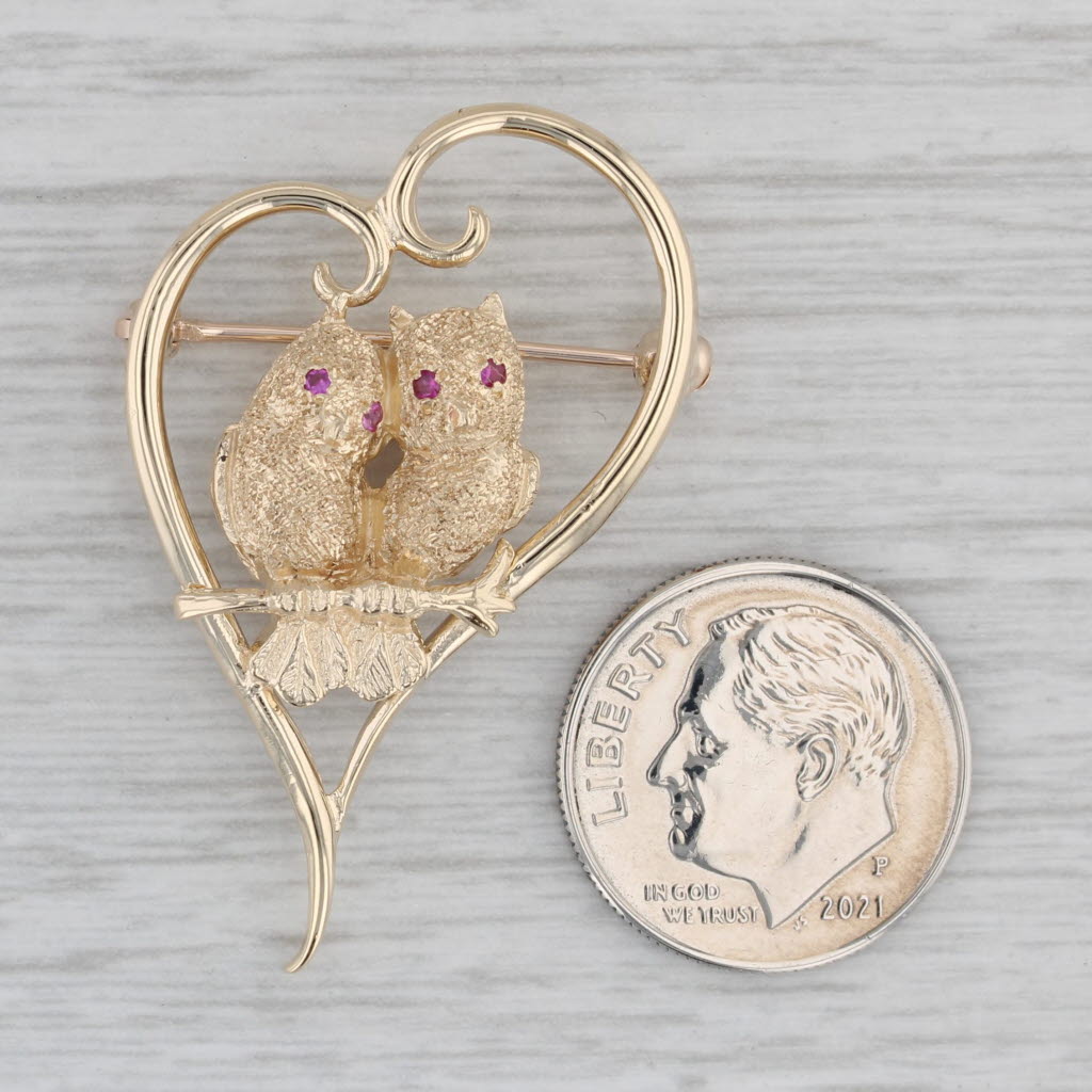 Gray Vintage Love Birds Heart Brooch 14k Yellow Gold Pin Lab Created Rubies