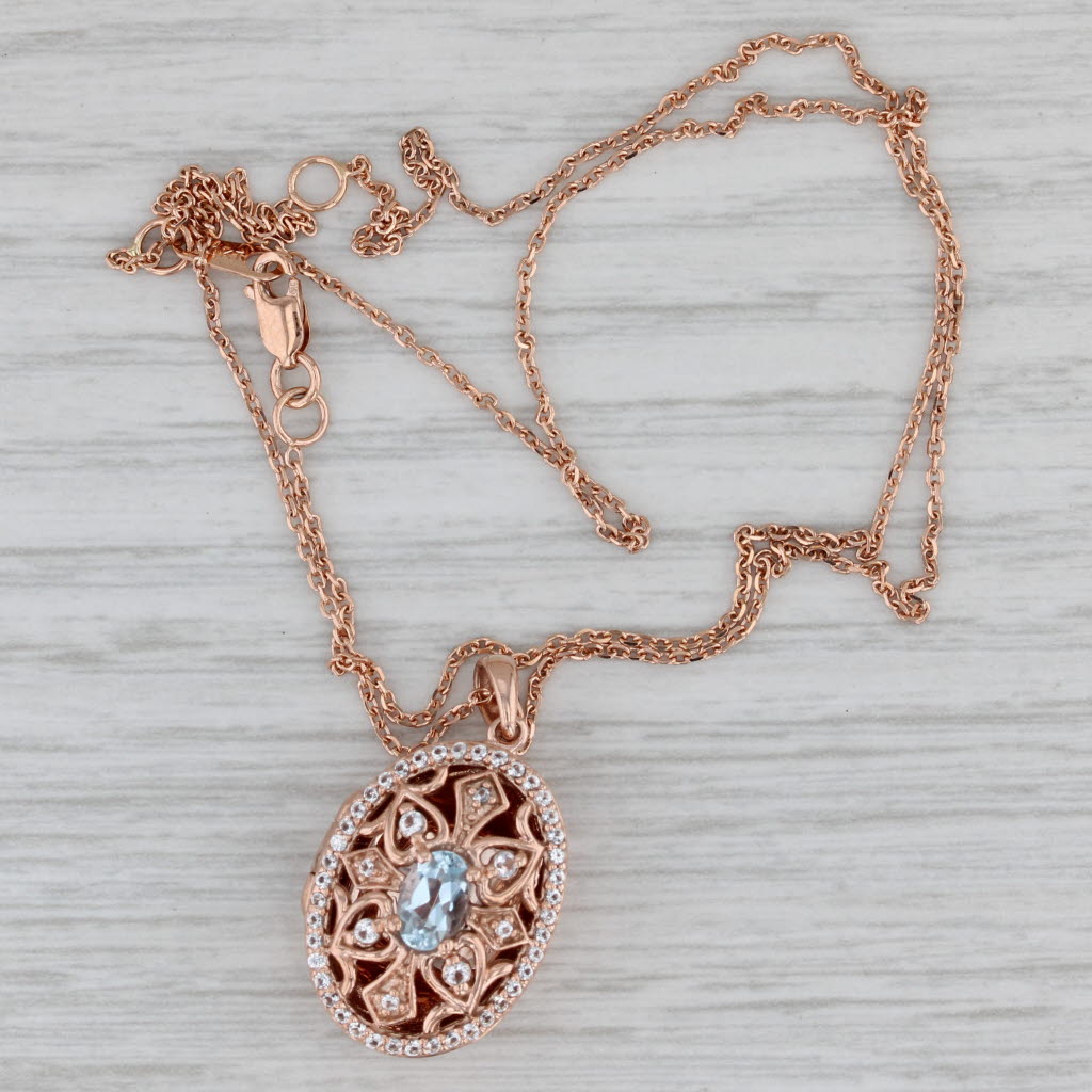 Gray 0.92ctw Aquamarine Lab Created Sapphire Diffuser Locket Necklace 10k Rose Gold