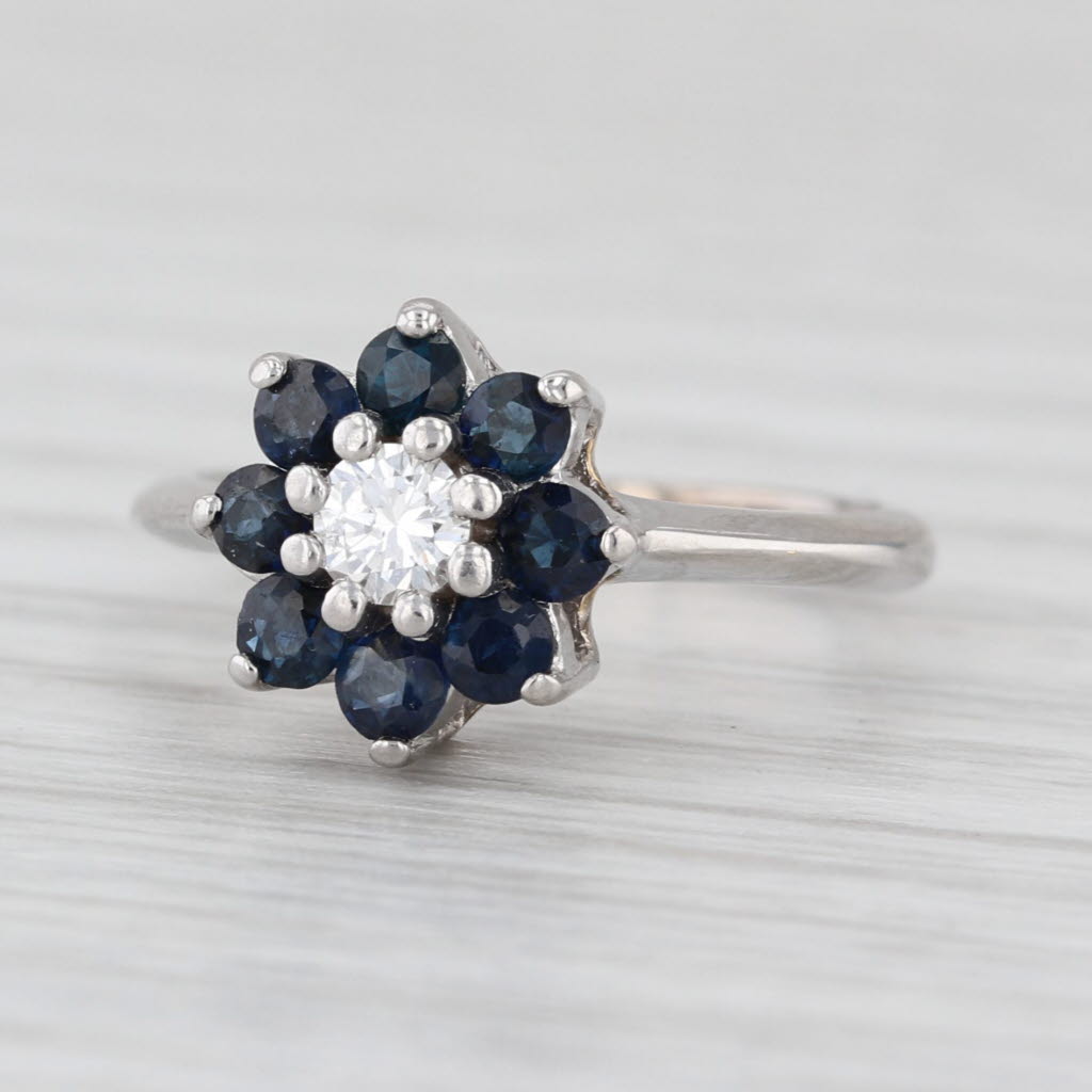 0.60ctw Diamond Blue Sapphire Halo Flower Ring 14k White Gold Size 3 Engagement