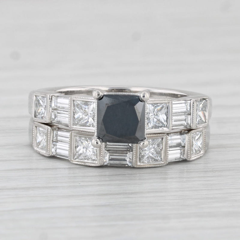2.54ctw Princess Black Diamond Engagement Ring Wedding Band Set 18k White Gold