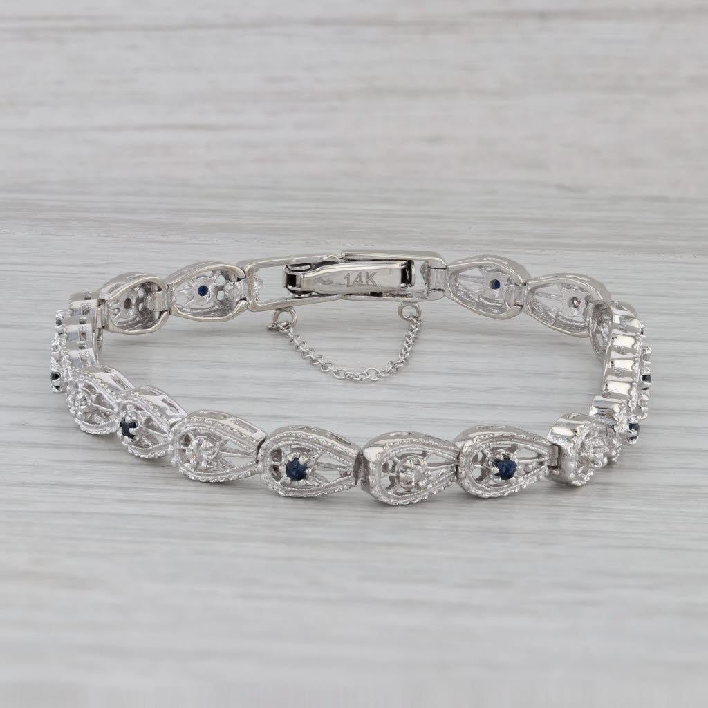 Gray 0.40ctw Blue Sapphire White Diamond Tennis Bracelet 14k White Gold 7"