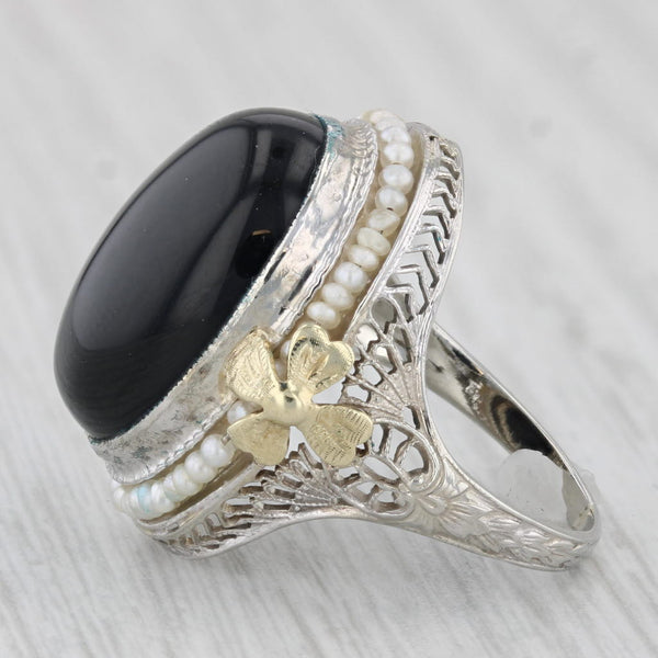 Vintage Onyx Oval Cabochon Seed Pearls Ring 10k Gold Floral Filigree Size 4.75