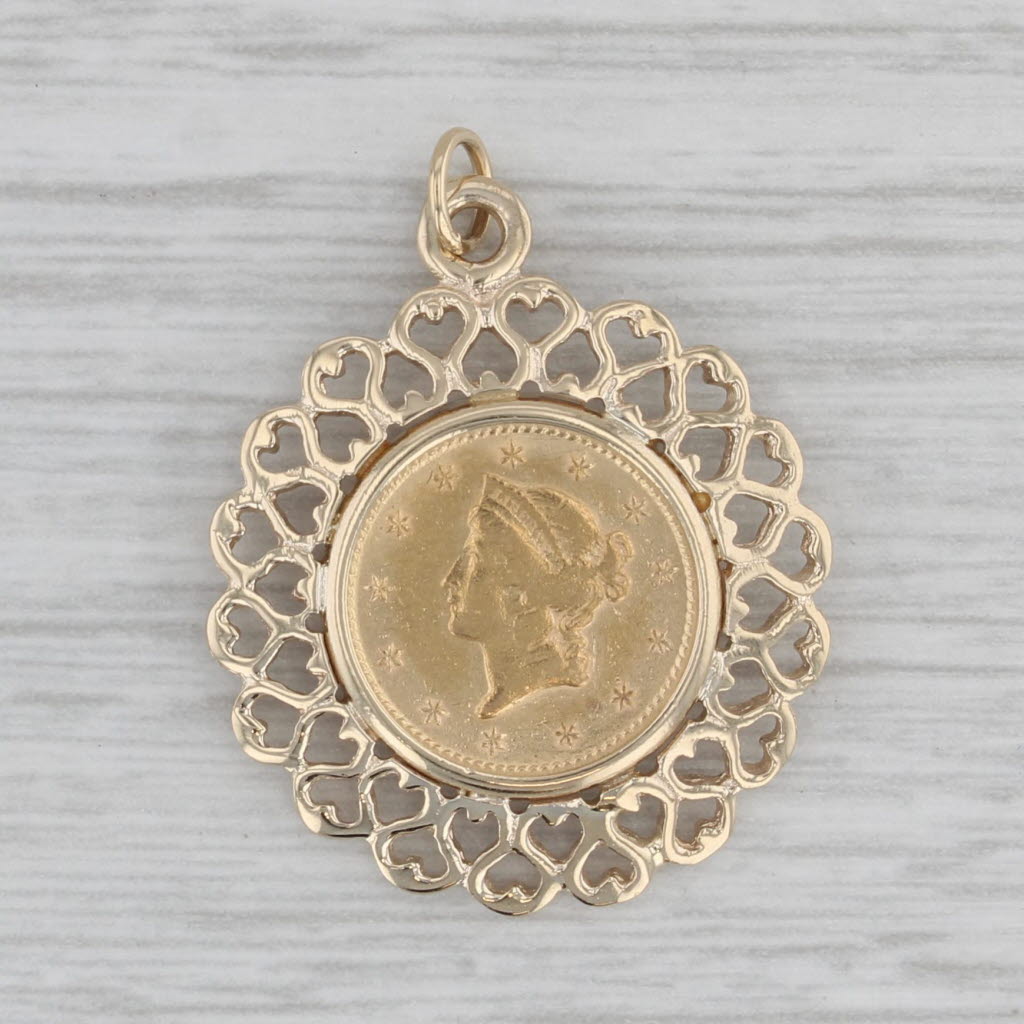 Gray Authentic One Dollar 1851 Liberty Head Coin Pendant 14k 900 Yellow Gold