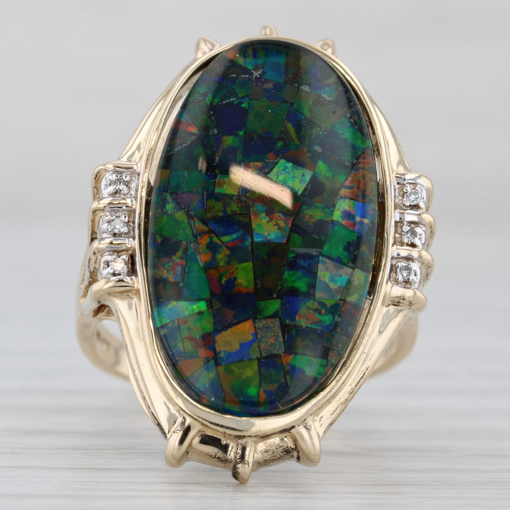 Light Gray Colorful Mosaic Opal Triplet Diamond Ring 14k Yellow Gold Cocktail Statement Size 9