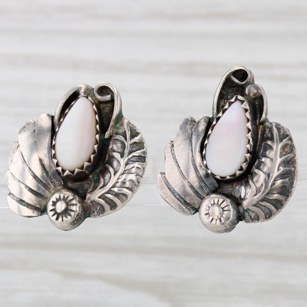 Light Gray Mother of Pearl Feather Stud Earrings Sterling Silver Vintage Native American