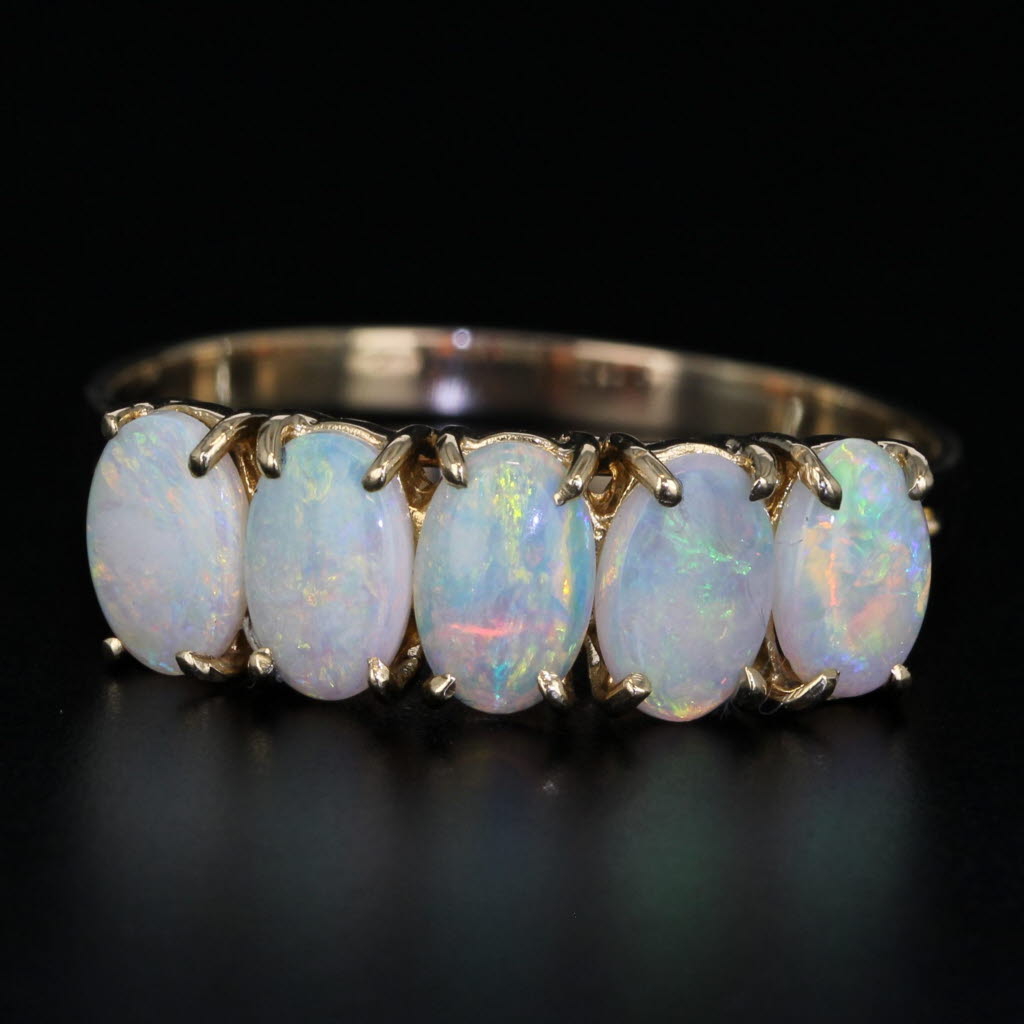 Dark Gray Oval Opal 5-Stone Ring 14k White Gold Size 9.75 Stackable