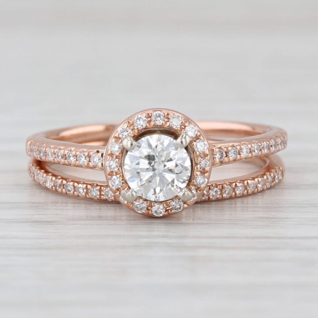 0.64ctw Round Diamond Halo Engagement Ring Wedding Band Bridal Set 10k Rose Gold