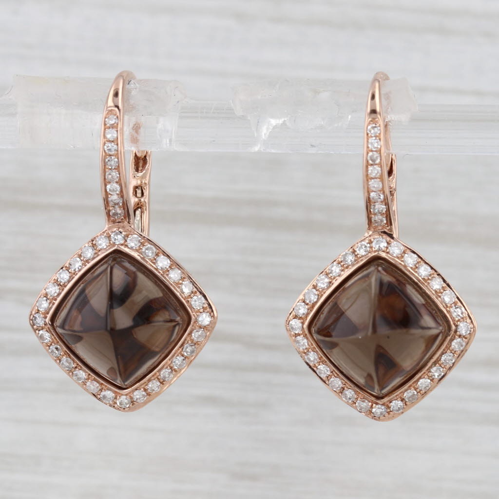 Light Gray 5.76ctw Sugar Loaf Smoky Quartz Diamond Halo Drop Earrings 14k Rose Gold