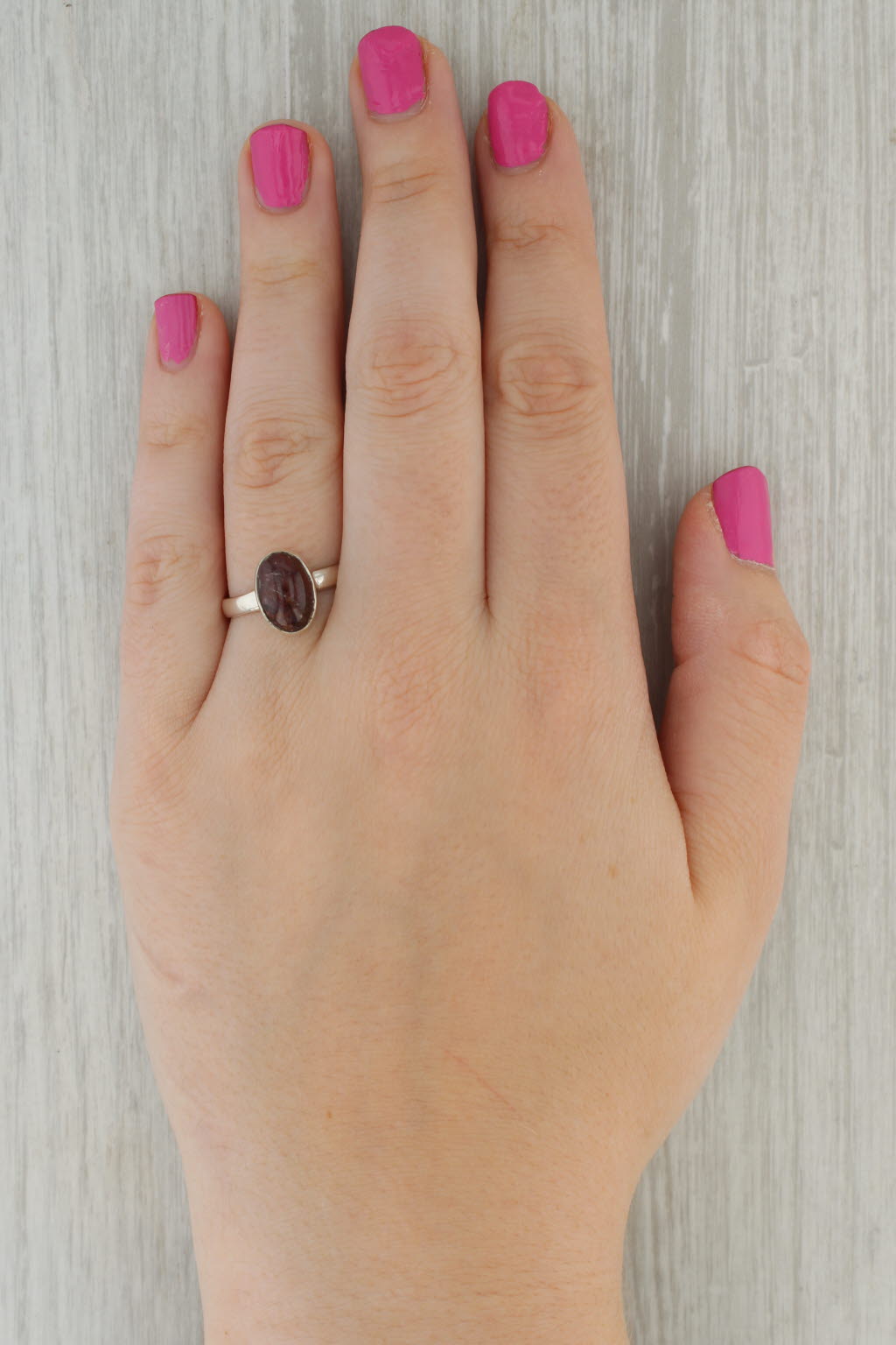 Rosy Brown Dark Pink Tourmaline Oval Cabochon Solitaire Ring Sterling Silver Size 9.75