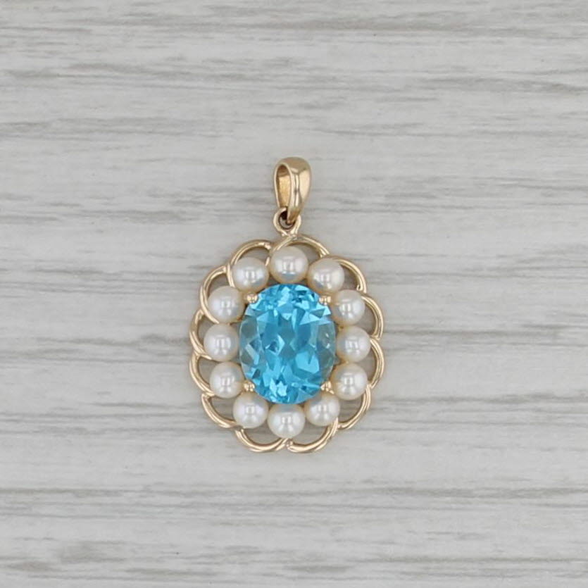 Vintage Cultured Halo Pearl 3.70ct Topaz Pendant 14k Yellow Gold