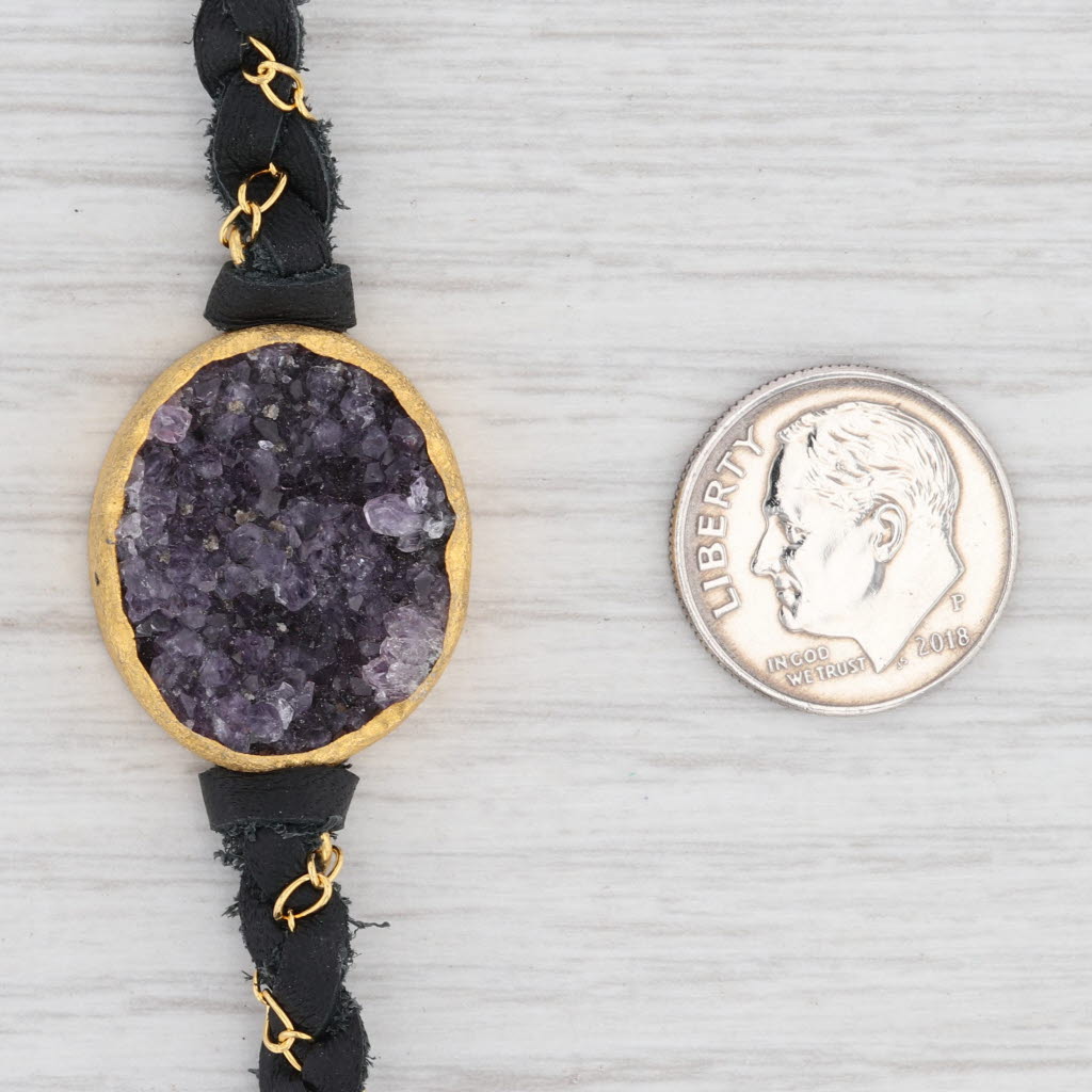 New Nina Wynn Cordelia Necklace Black Leather Amethyst Druzy Pendant NWT