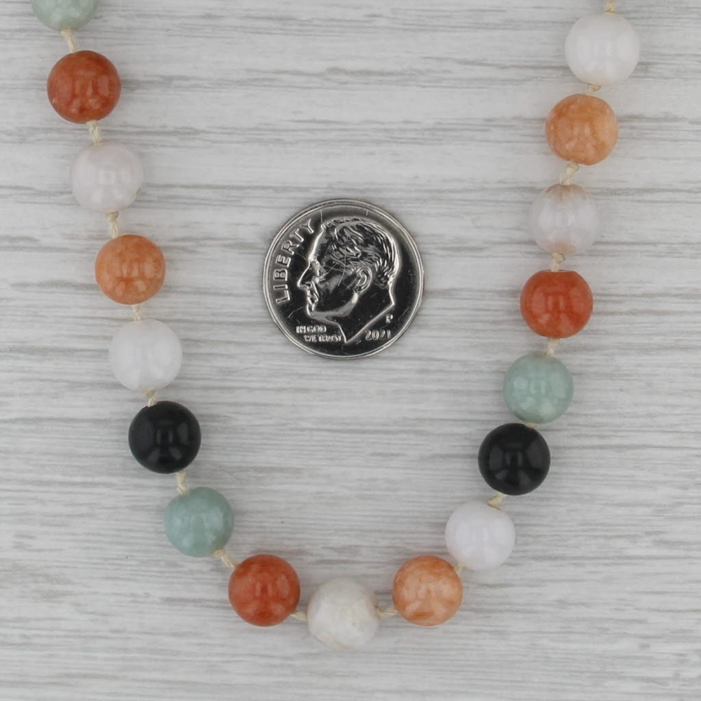 Chinese Jadeite Jade Ornamental Stone Bead Strand Necklace Sterling Silver 25.5"