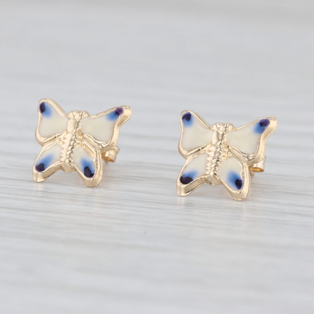 Blue White Enamel Butterfly Stud Earrings 14k Yellow Gold Small Studs