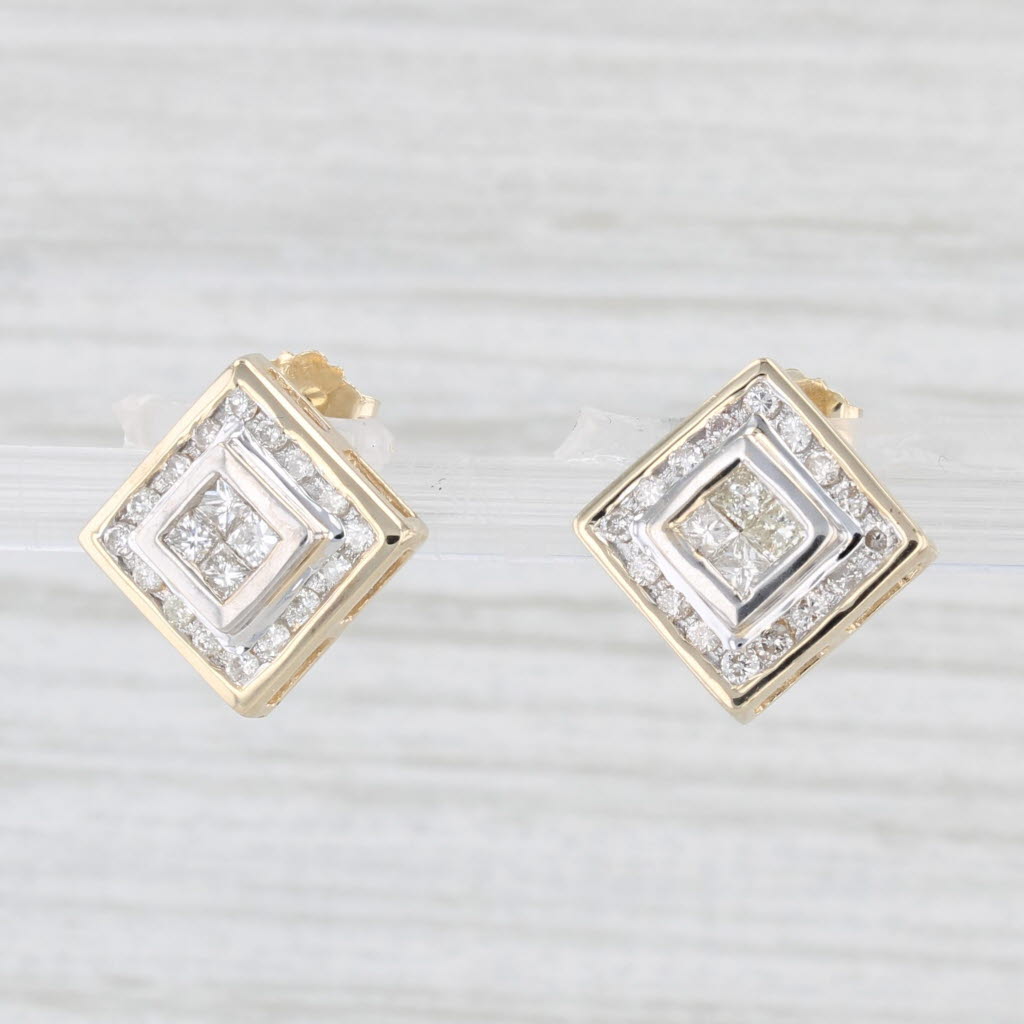 Light Gray 0.60ctw Square Diamond Stud Earrings 10k Yellow Gold