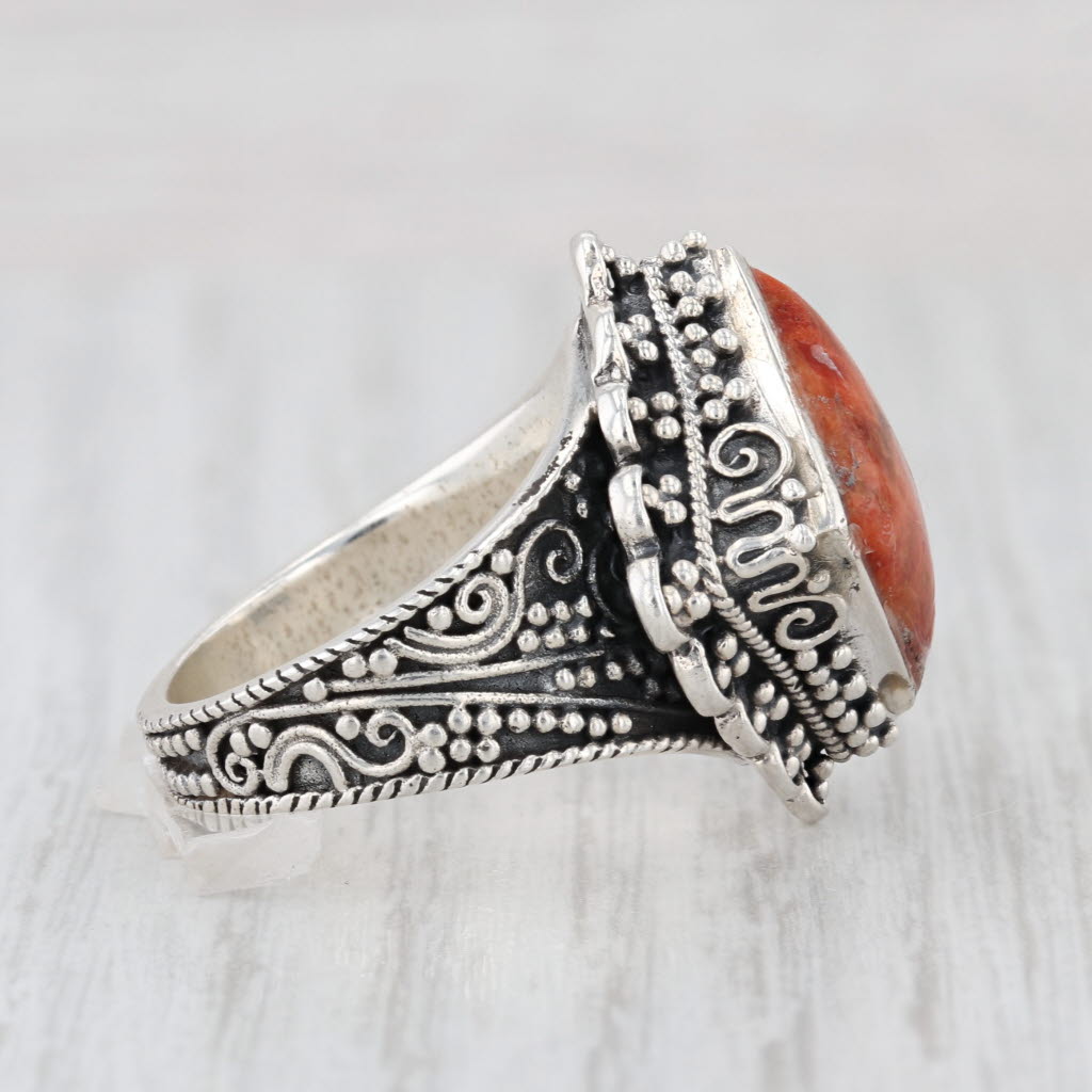 Orange Spiney Oyster Coral Resin Ornate Ring Sterling Silver Size 6.75