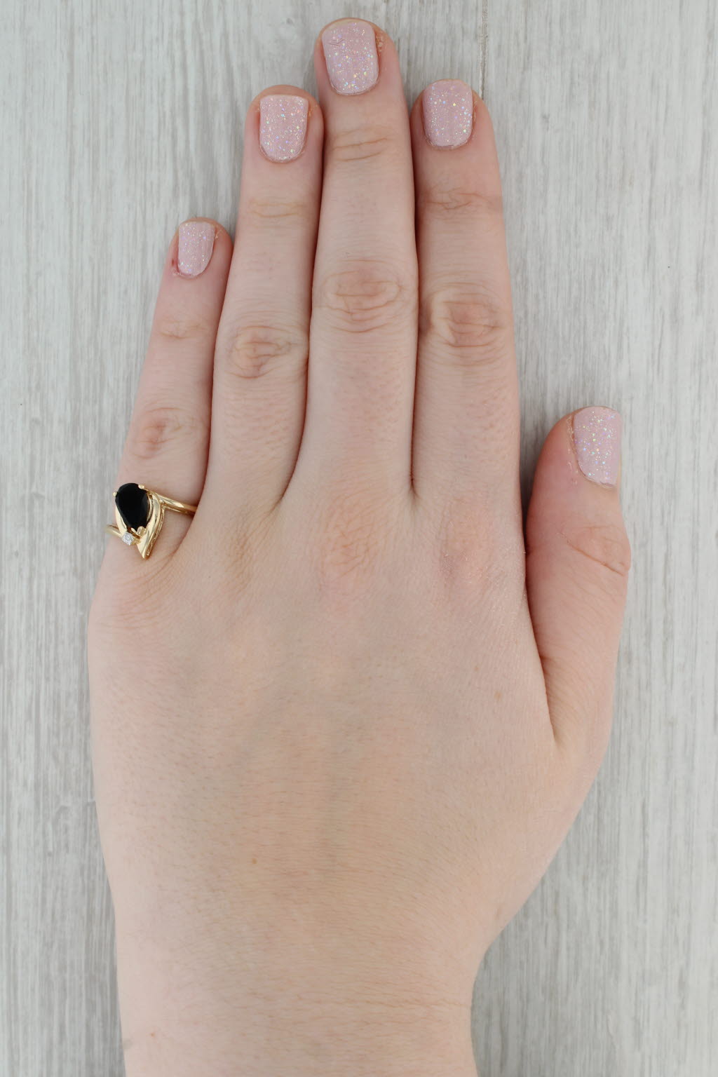 Dark Gray Onyx Teardrop Diamond Ring 14k Yellow Gold Size 6 Bypass