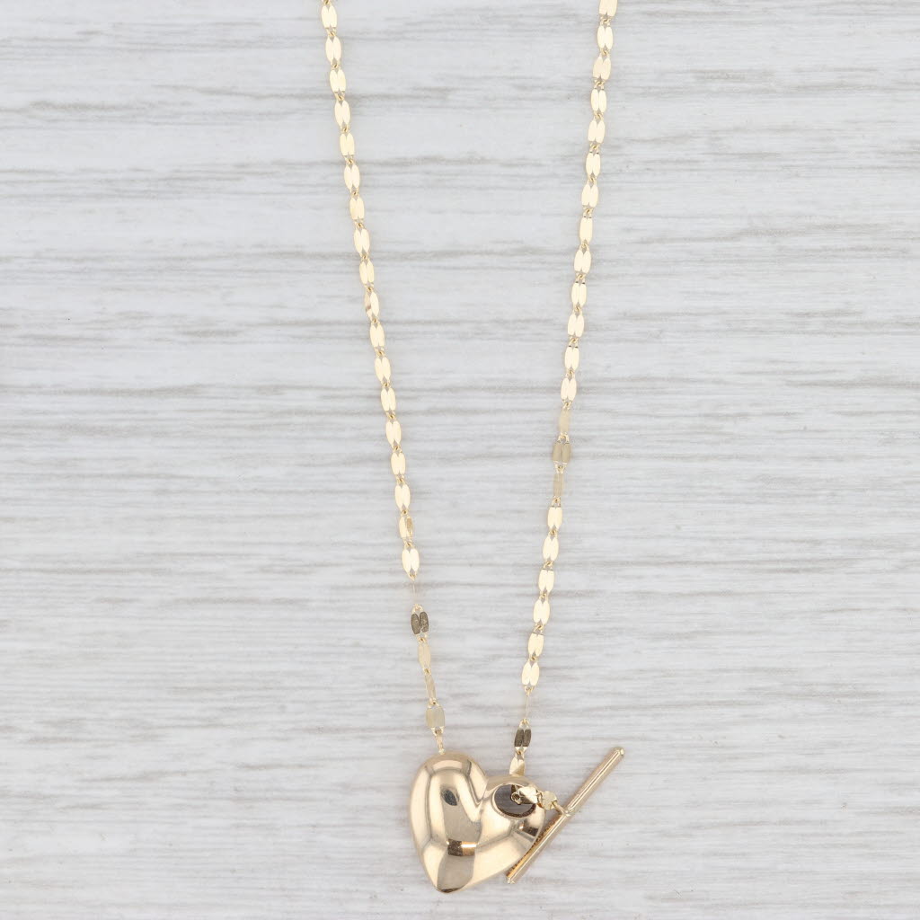Light Gray New Mirror Chain Heart Toggle Pendant Necklace 14k Yellow Gold 18.5"