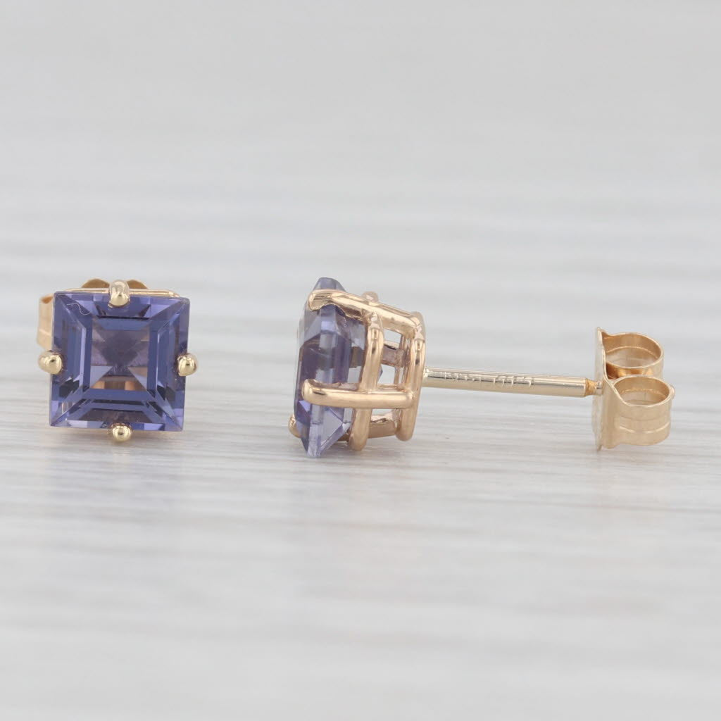 Light Gray 1.14ctw Purple Blue Iolite Stud Earrings 14k Yellow Gold Princess Solitaires