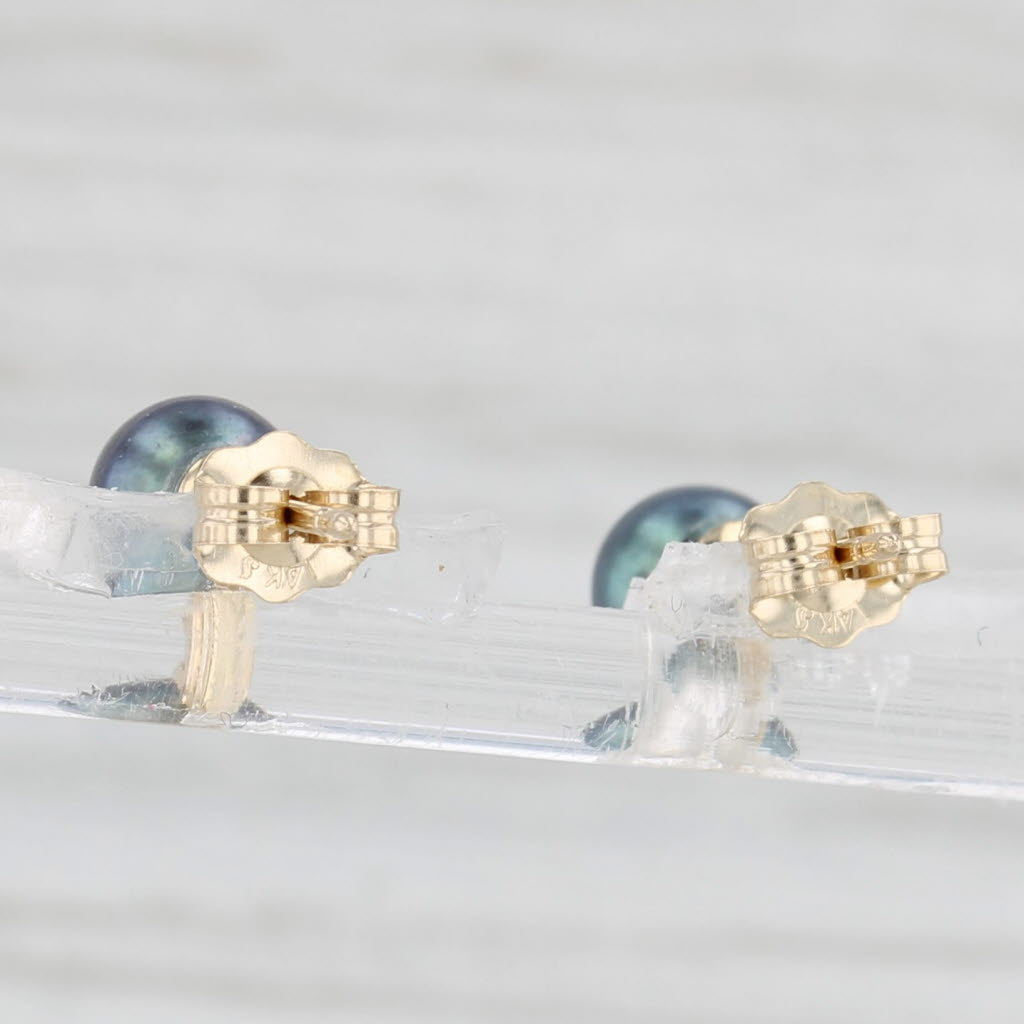 Light Gray Black Cultured Pearl Diamond Stud Earrings 14k Yellow Gold Round Bead Studs