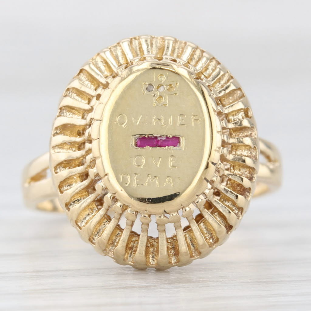 Light Gray Qu'Hier Que Demain French Love Poem Ring 14k Gold Diamond Plus Ruby Minus AS IS