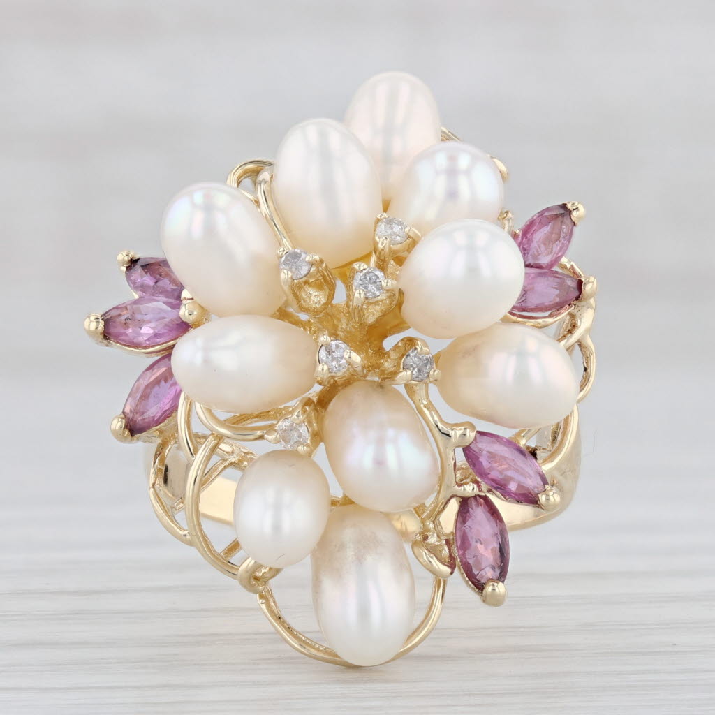 Light Gray 1.06ctw Pink Sapphire Diamond Cultured Pearl Cluster Ring 14k Gold Cocktail